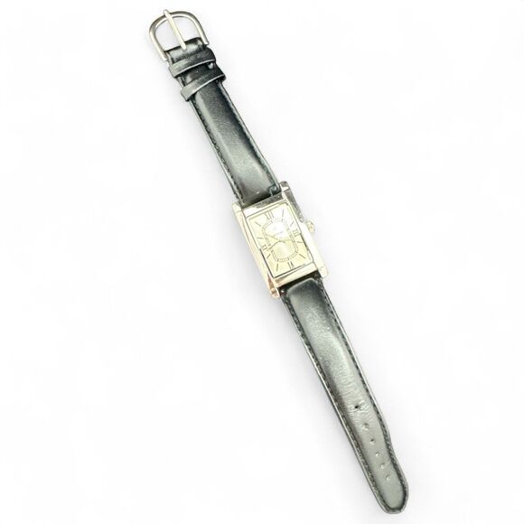 Artistry Analog Wristwatch Black Genuine Leather Buckle Band Rectangular Face - Picture 5 of 9